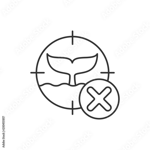 Illegal whaling linear icon. Commercial whale hunting. Unlawful fishery. Illegal trade, poaching. Thin line customizable illustration. Contour symbol. Vector isolated outline drawing. Editable stroke