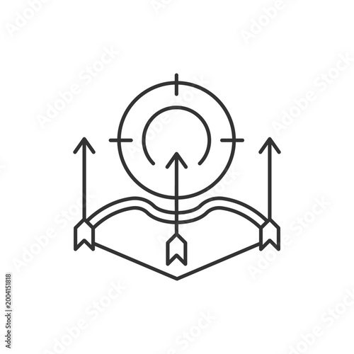 Bow and arrow hunting linear icon. Bowhunting. Hunter sits and stalks animal. Compound bow. Thin line customizable illustration. Contour symbol. Vector isolated outline drawing. Editable stroke