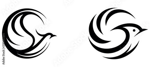 Minimalist black and white bird logo icons set featuring circular abstract avian silhouettes.
