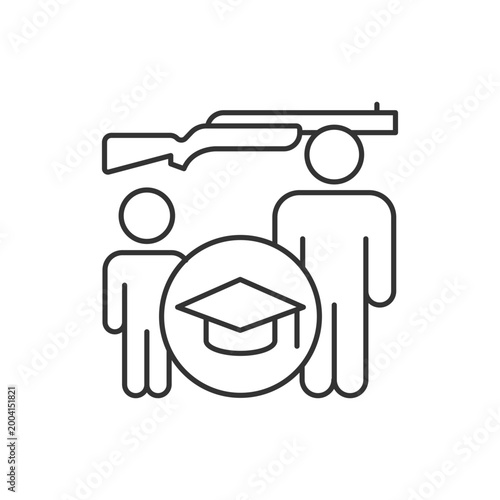 Hunter education for kids linear icon. Junior hunting course. Kids hunt learning. Safety rules. Thin line customizable illustration. Contour symbol. Vector isolated outline drawing. Editable stroke