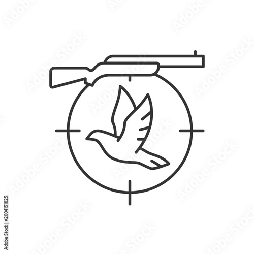 Pigeon shooting linear icon. Bird shooting competition. Roost and flighting dove hunt. Thin line customizable illustration. Contour symbol. Vector isolated outline drawing. Editable stroke