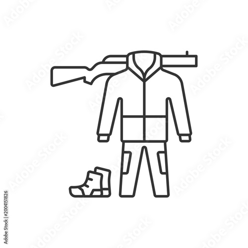 Hunting gear linear icon. Apparel for hunt. Camouflage. Tools and weapon. Hiking and travel kit. Thin line customizable illustration. Contour symbol. Vector isolated outline drawing. Editable stroke