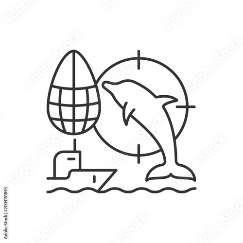 Dolphin drive hunting linear icon. Drive dolphins with boat to shore and kill. Fishing method. Thin line customizable illustration. Contour symbol. Vector isolated outline drawing. Editable stroke