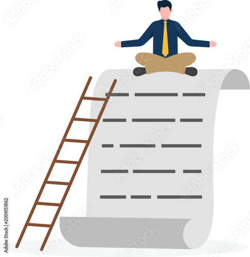 Professional meditating on giant document with ladder