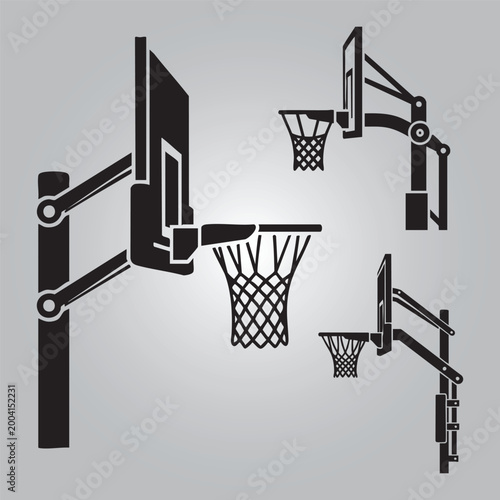 Adjustable basketball hoops in black silhouette on gray background .