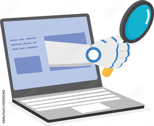 Robot hand with magnifying glass analyzing laptop