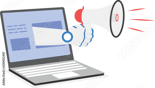 Robot using megaphone on laptop screen
