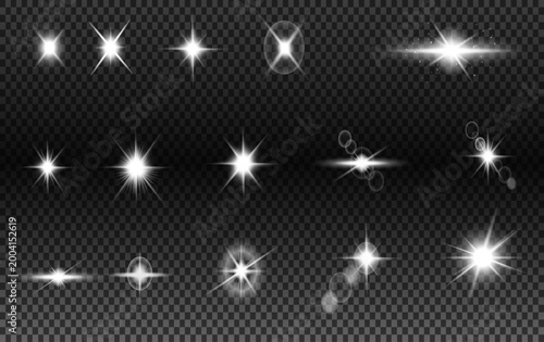 
Large Set of Fourteen Glowing Light Effects with Multi-Ray Stars, Four-Pointed Flares, Horizontal Bursts, Luminous Orbs with Rings and Bokeh Lens Effects on Dark Transparent Background. Vector Design