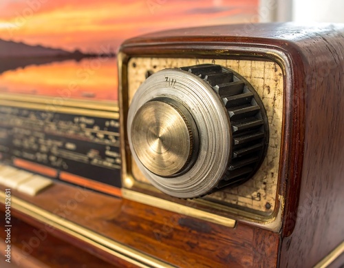 Close-up of vintage wooden radio dial