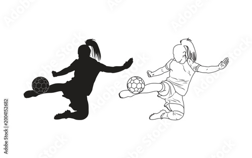 Female soccer player in action kicking a ball. Features black silhouette and clean line art versions. Minimalist vector illustration perfect for sports logos and design projects.