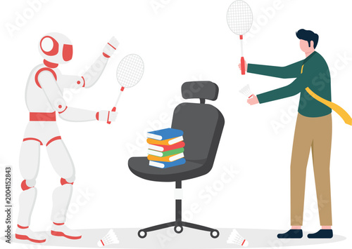 Robot and human playing badminton with books