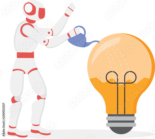 Robot watering giant idea lightbulb to grow