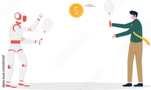 Robot and human passing money coin in game