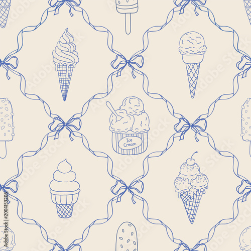 Ice cream seamless pattern with blue hand drawn ribbons and bows. Doodle outline dessert. Vintage coquette summer food wallpaper for print, wallpaper, wrapping paper, fabric, textile design.