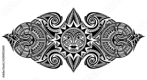 Tribal Sun Tattoo Design - Black and White Ornamental Pattern with Symmetric Elements