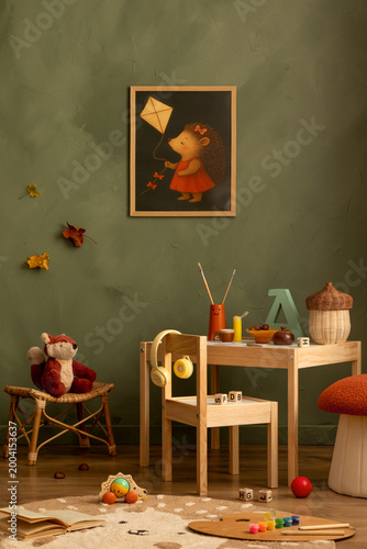 Cuadro en lienzo Cozy playroom corner with wooden furniture, artwork, and fall decor, perfect for