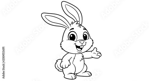 Charming line art illustration of a joyful baby rabbit with expressive eyes and long whiskers