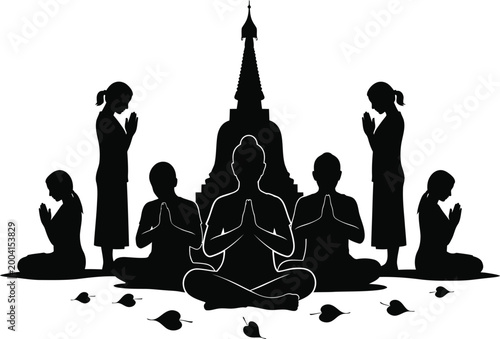 Bild auf Leinwand silhouette of buddhist monks and temple with praying figures