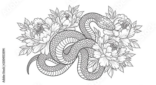 Serpentine wisdom entwined with graceful peony flowers, detailed nature-inspired illustration artwork