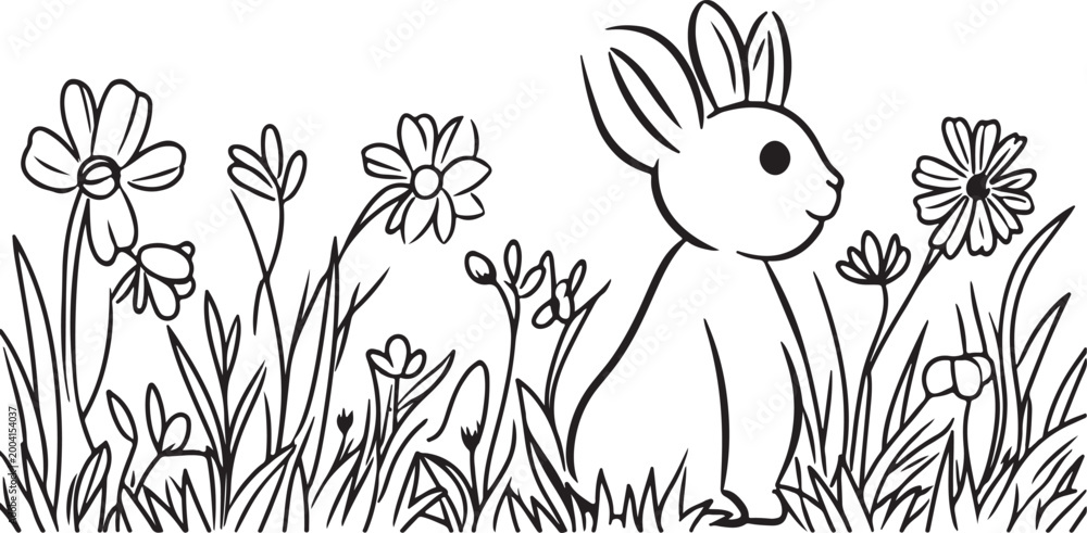 Fototapeta premium Cute bunny rabbit in green grass spring meadow illustration cartoon vector happy easter animal pet nature celebration card design