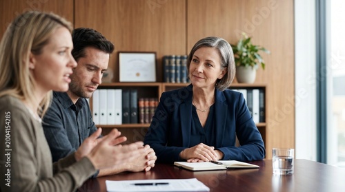Senior female legal advisor in dark suit listening to young couple explanation during meeting in modern office. Professional consulting and mediation concept.