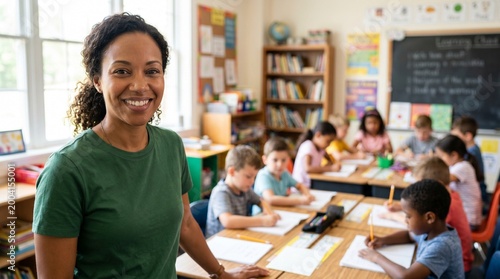 Confident African American female teacher smiling in sunlit elementary classroom with kids, diverse school environment, professional educator portrait, primary education career