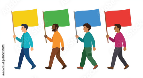 People carrying colorful flags illustration on a white background