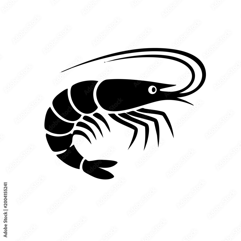 Fototapeta premium Shrimp Silhouette Icon Vector. Black Prawn Graphic Isolated on White for Seafood Logo and Menu Design.