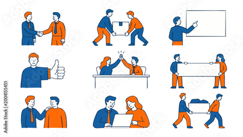 Business People Set Vector Illustrations, Professional Office Characters Performing Daily Corporate Actions Like Handshake High Five And Meeting Tasks, Minimalist Flat Graphic Style For Web Presentati