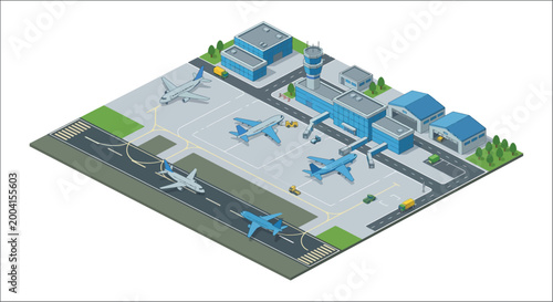 Isometric airport illustration with planes and control tower