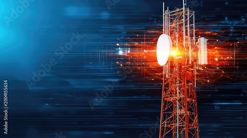 5G Telecommunications Tower with Digital Data Transmission Concept
