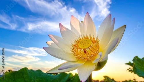 Close-up of white water lily against blue sky