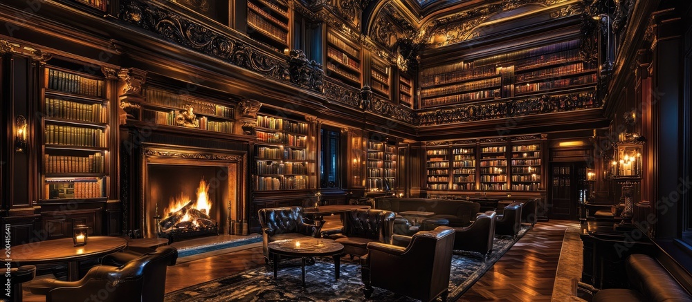 Naklejka premium Luxurious Dark Library Interior with Warm Fireplace and Leather Armchairs
