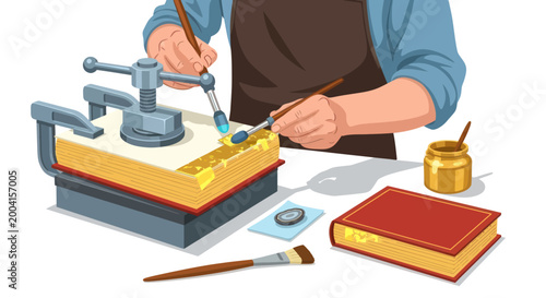 Foto Bookbinder restoring an old book with gold leaf