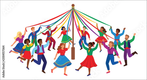 Maypole dancing with people colorful ribbons and a festive celebration