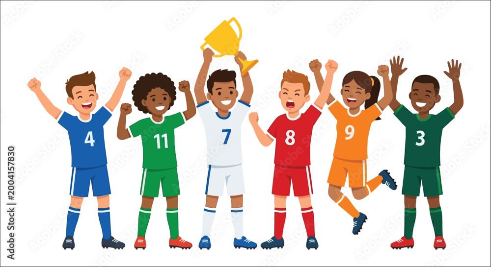 Obraz premium Vector illustration of six celebrating soccer players with raised arms