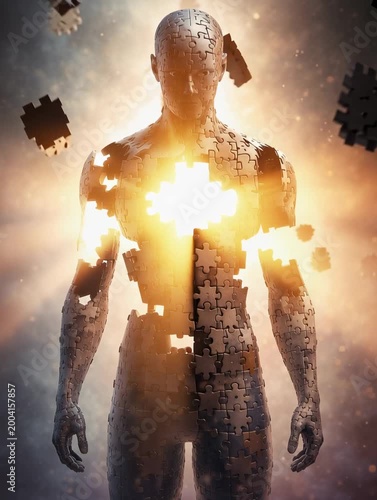 Glowing human figure dissolving into particles with radiant core light symbolizing energy and transformation