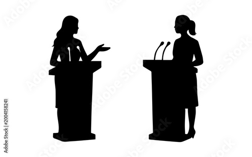 Female political candidates debating at podiums speaking publicly solhouette