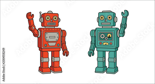 Two retro robots colorful vector illustration on white background