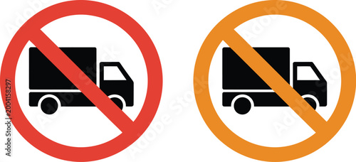 No trucks allowed prohibition signs, red and yellow vector illustrations depicting vehicle restrictions for traffic safety road rules and regulatory signage design.