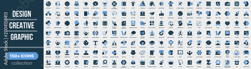 Design, creative and graphic icon collection in colored style. Set of graphic design, creativity, tools, illustration, editing, inspiration, art and visual content icons