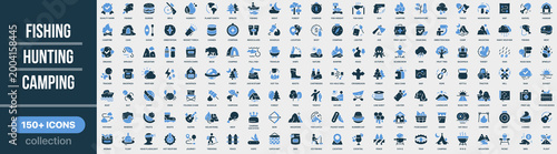 Fishing, hunting and camping icon collection in colored style. Set of outdoor activities, fishing, hunting, camping, survival, nature, adventure and equipment icons
