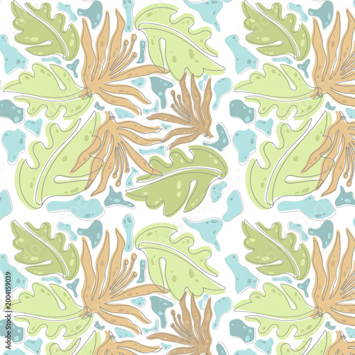 Tropical Botanical Seamless Pattern with Abstract Organic Shapes