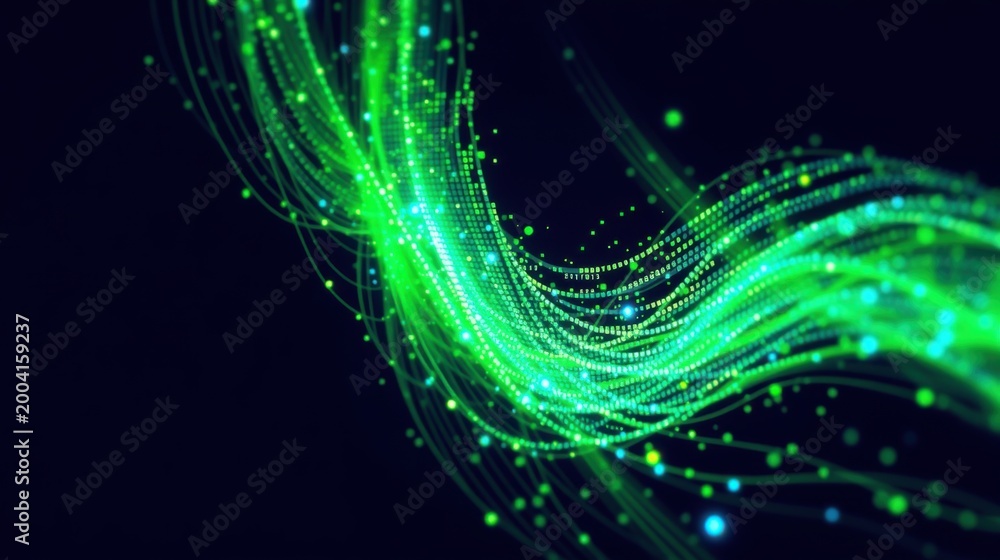 Obraz premium Bright green digital wave flows across dark background. Particles create dynamic, futuristic visual effect. Energy radiates from central point.