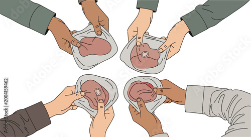Hands Holding Raw Meat in Plastic Bags for Food Distribution and Charity Concept Vector Illustration