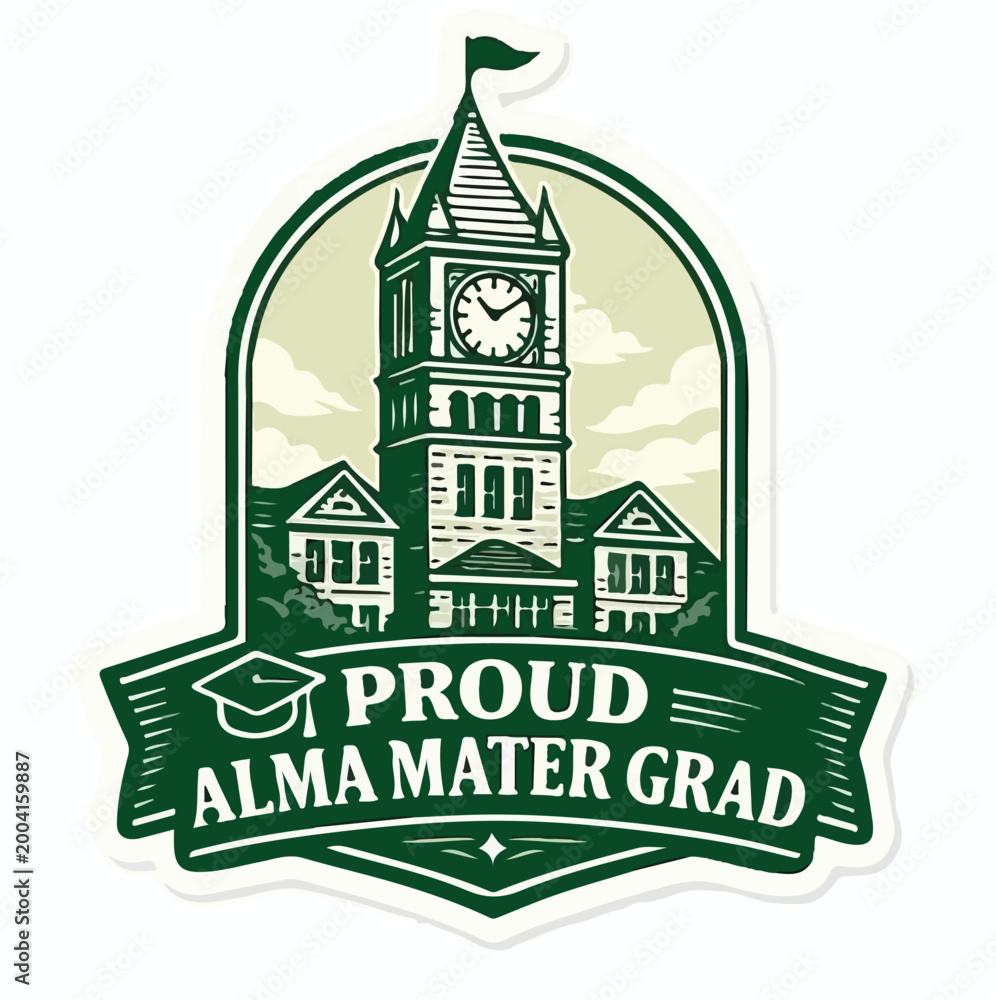 Fototapeta premium Proud Alma Mater Grad University Building Clock Tower Sticker Vector Illustration – Graduation College School Badge Design