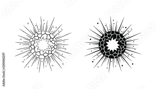 Cracked sphere explosion vector illustration set with rays and fragments in solid black and outline styles for high impact graphic design