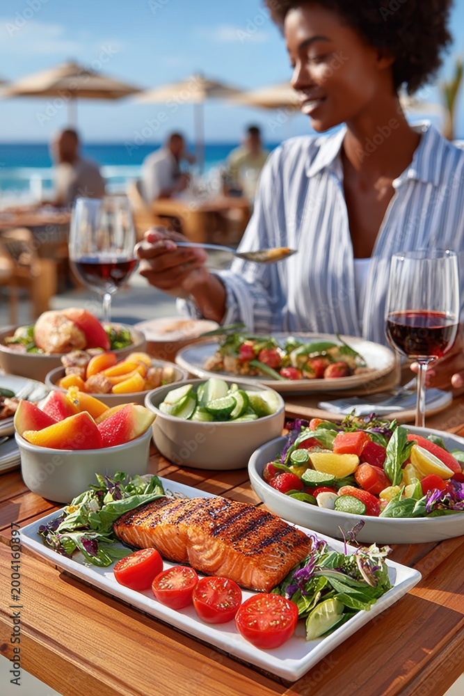 Fototapeta premium Woman enjoying healthy food at an outdoor beachside restaurant with grilled salmon and salads