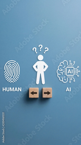 Business Decision Between Human Intelligence and Artificial Intelligence, Technology Choice Concept, AI vs Human Thinking, Digital Transformation Dilemma, Vertical bg