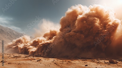 Desert Dust Storm: Majestic Sand Eruption in Arid Mountain Terrain